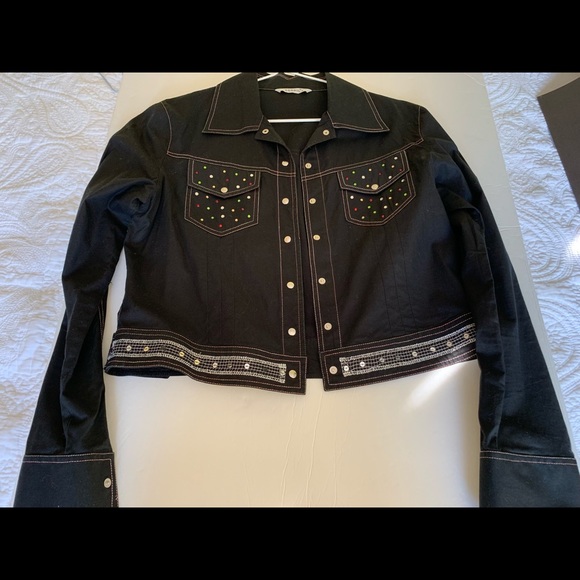 Black Cotton Collared Short Blazer Jacket colorful Jeweled beadings Rhinestones - Picture 12 of 16